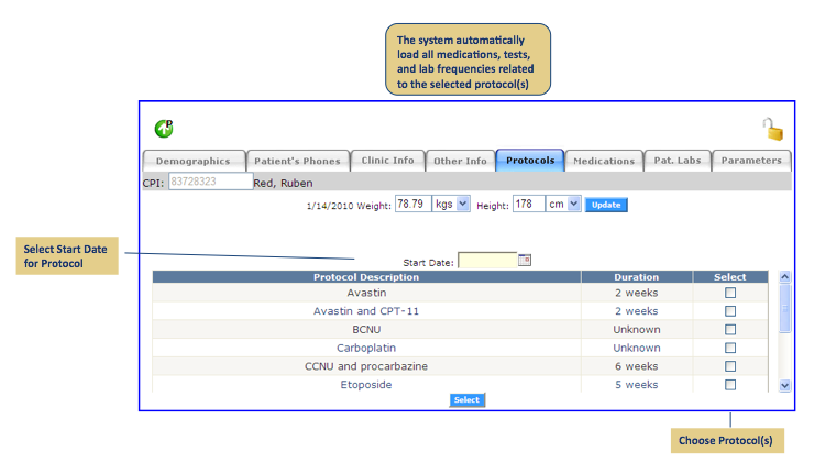 Patient Protocol Selection Screen